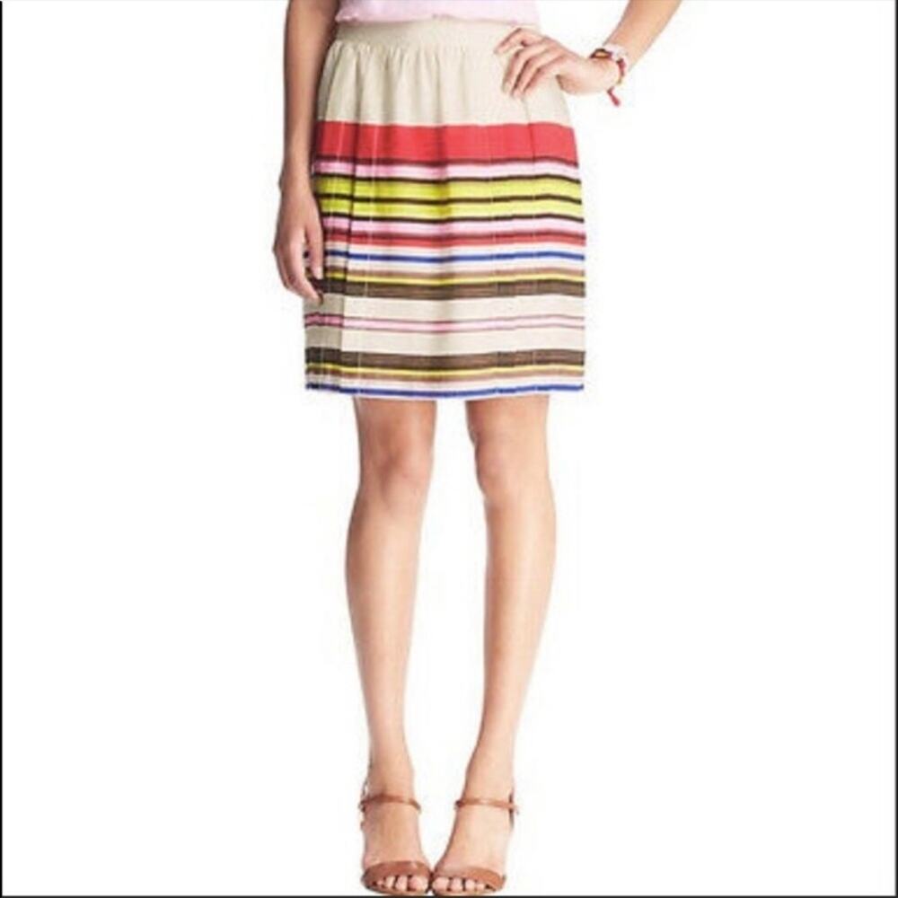 LOFT Cream Multi Color Stripe A-line Workwear Feminine Modest Knee Length Skirt